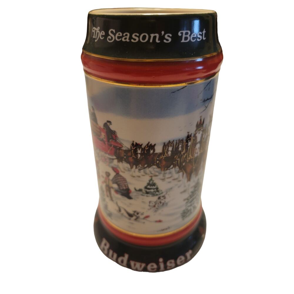 Vintage Beer Mug Budweiser Holiday Stein 1991 “The Season’s Best” –‎ Clydesdales